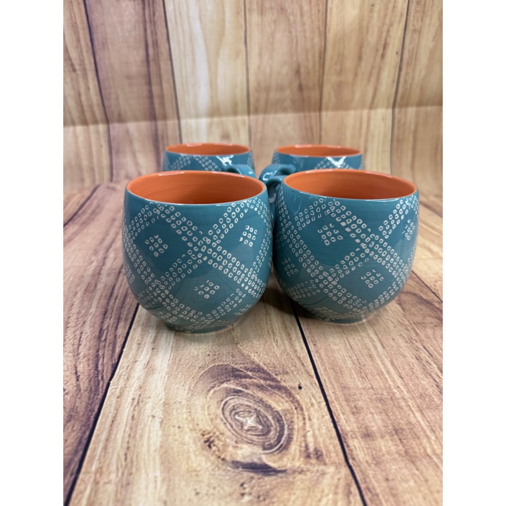 Baum Oasis Teal and Orange Ceramic Coffee Mugs Set of 4 Geometric Dot Pattern